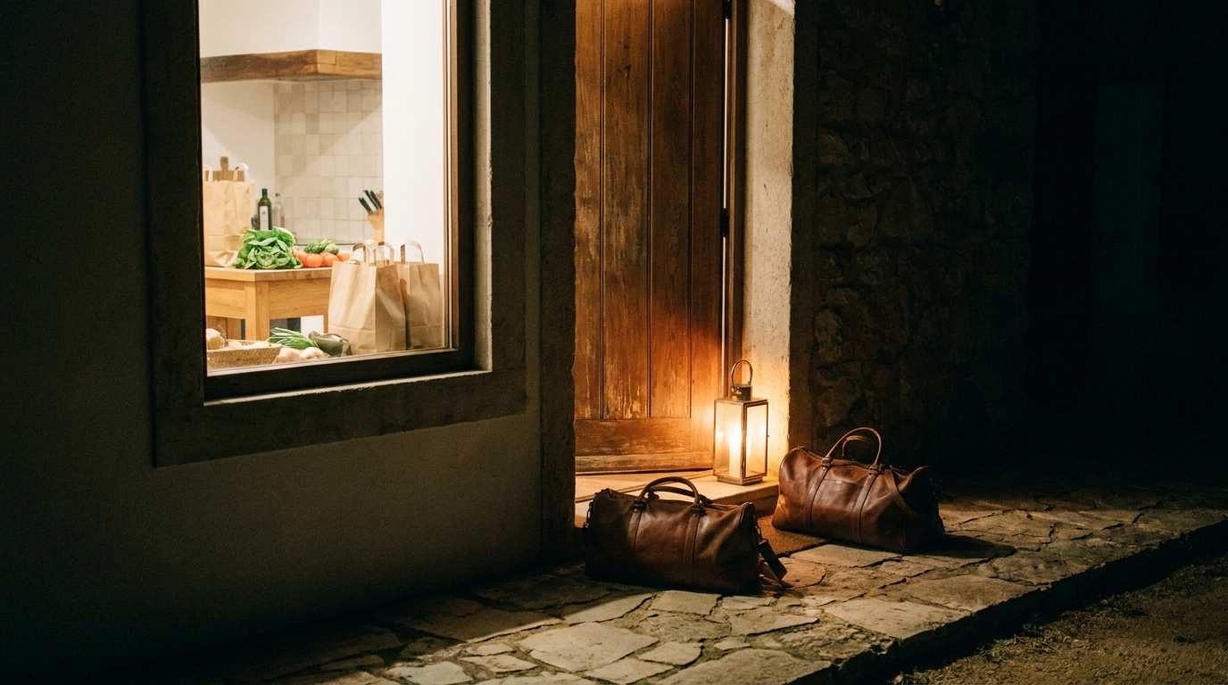 A calm villa entry prepared ahead of a late family landing.