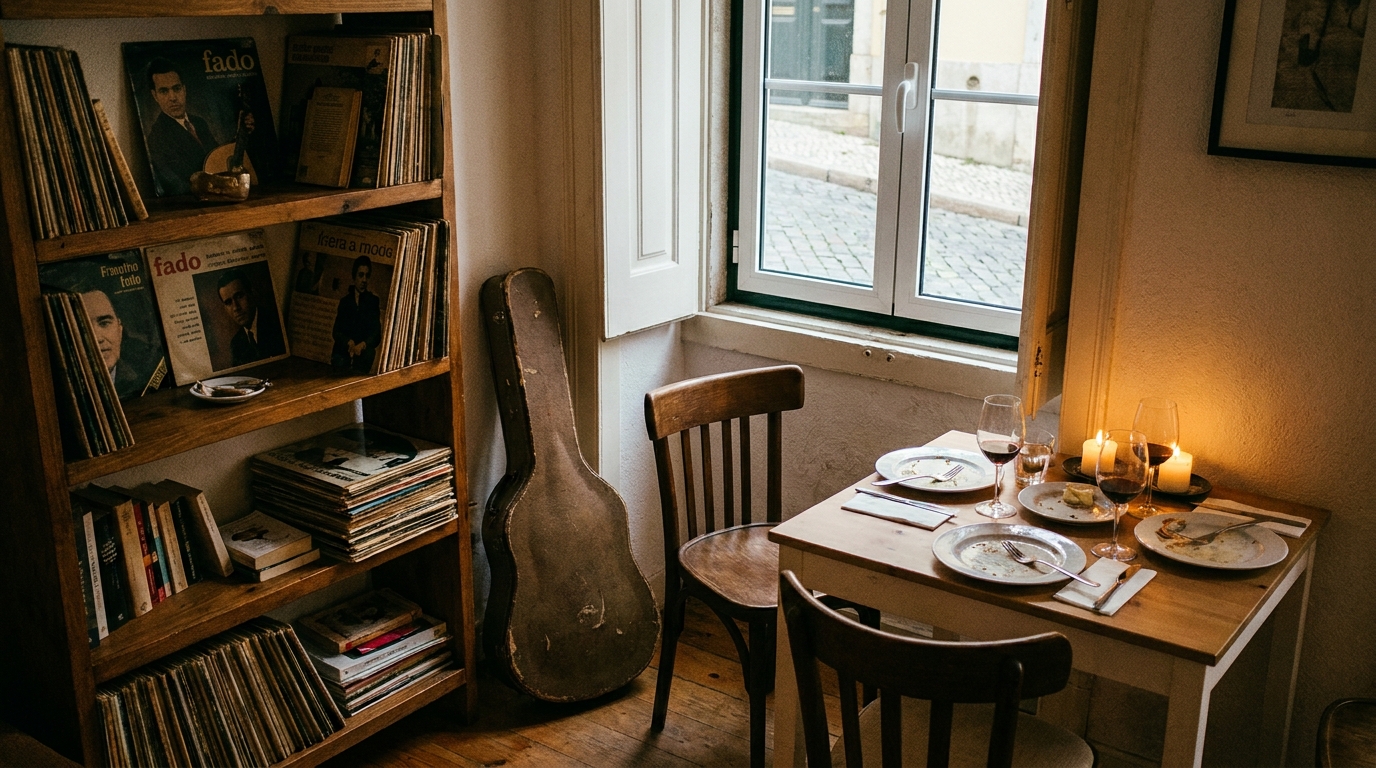 A small dinner table set near a music archive.