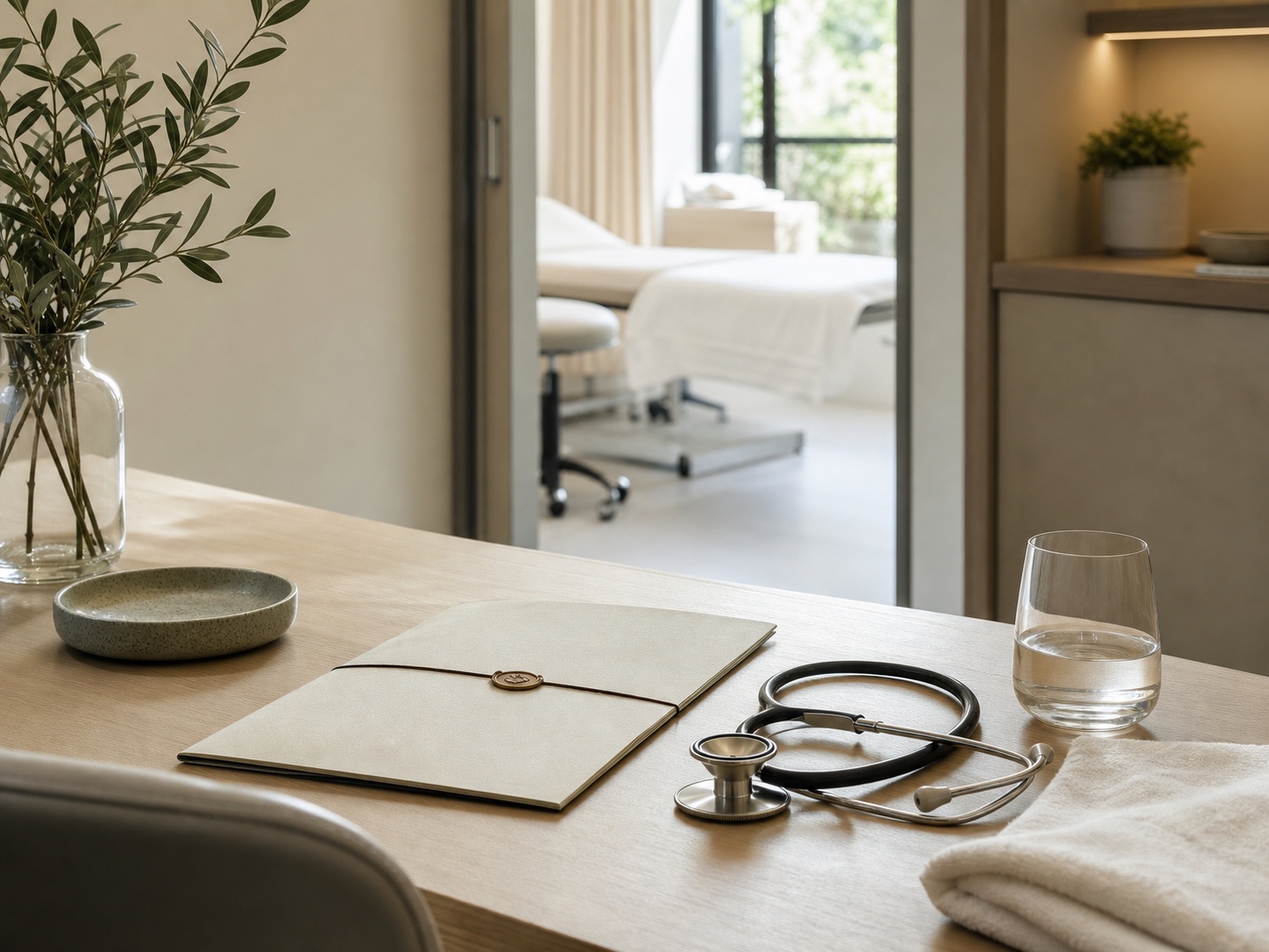 A calm private care environment prepared for a discreet consultation.