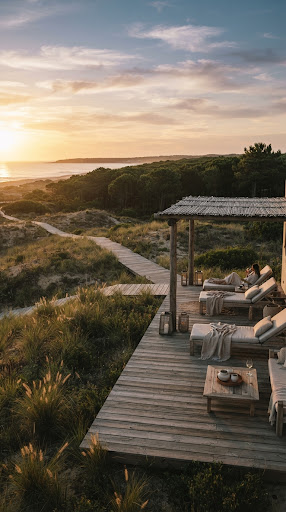 Comporta landscape with dunes, pines, and a quiet deck.