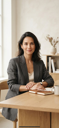Portrait of Elena Vance seated in a quiet office, wearing a tailored blazer.