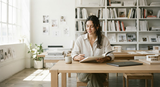 Portrait of Sofia Silva in a bright studio with books and soft daylight.
