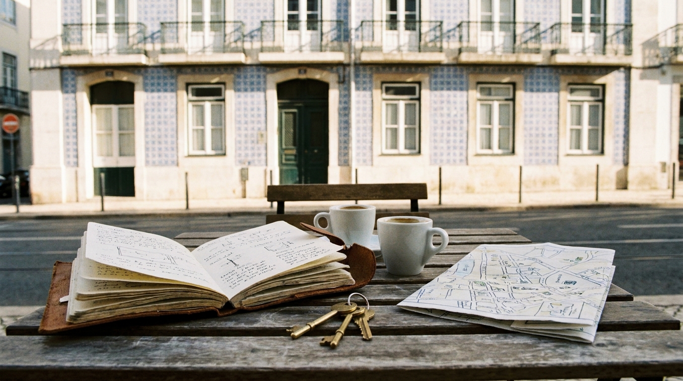 A morning cafe table with keys for apartment viewings.